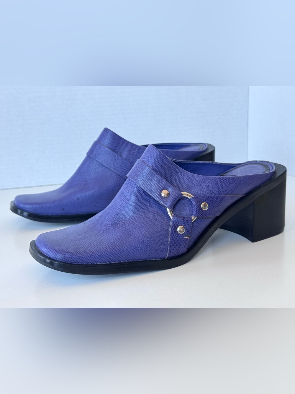 Y2K Rampage Purple Pebbled Leather Harness Western Mule Chunky Block Heel 7.5